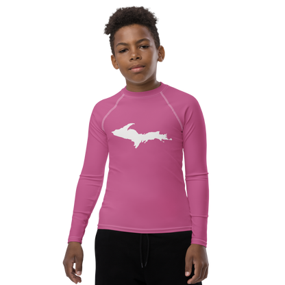 Michigan Upper Peninsula Rash Guard (w/ UP Outline) | Youth - Apple Blossom Pink