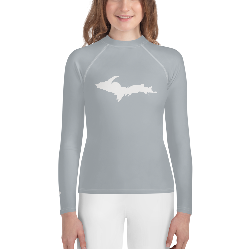 Michigan Upper Peninsula Rash Guard (w/ UP Outline) | Youth - Silver