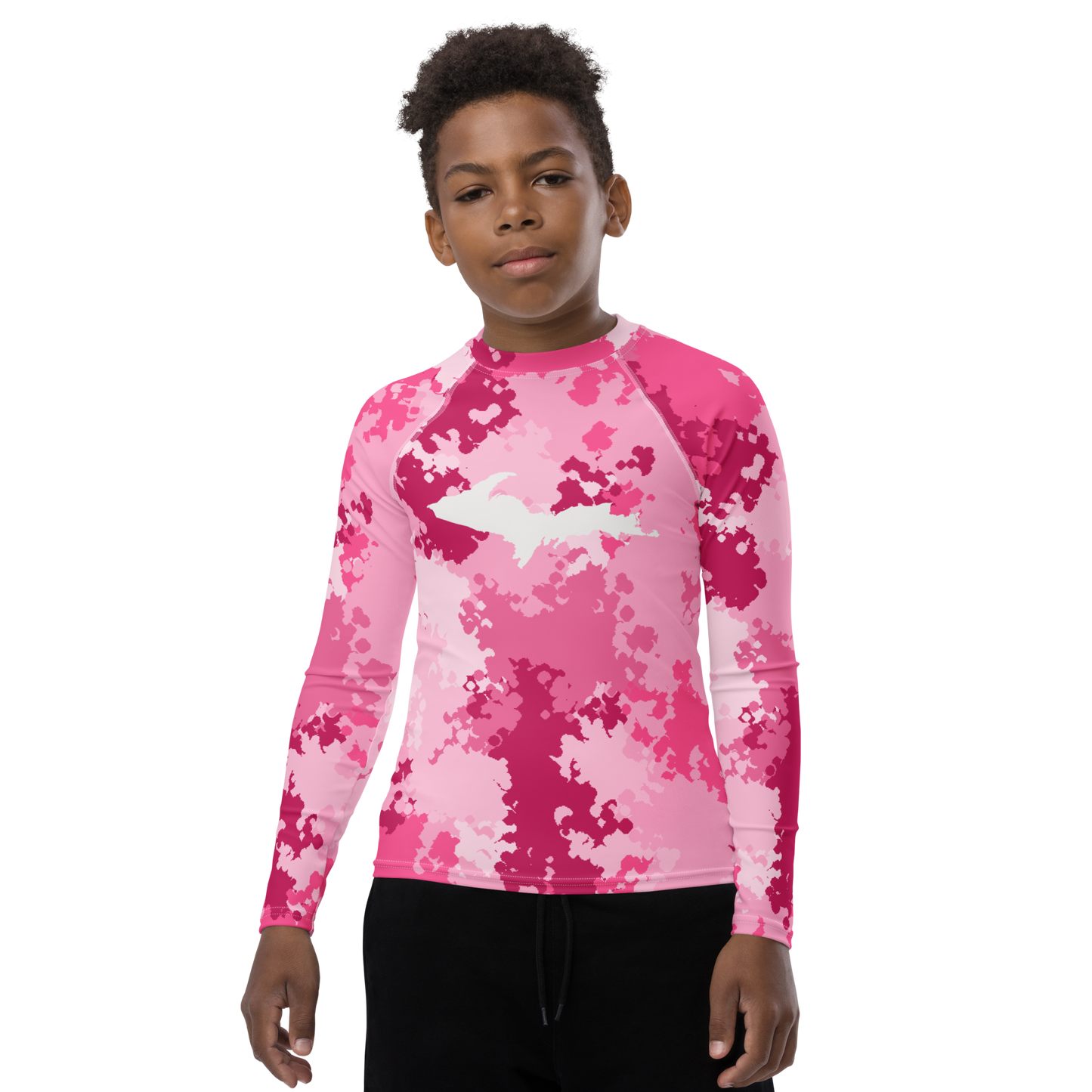 Michigan Upper Peninsula Rash Guard (w/ UP Outline) | Youth - Pink Camo