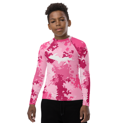 Michigan Upper Peninsula Rash Guard (w/ UP Outline) | Youth - Pink Camo