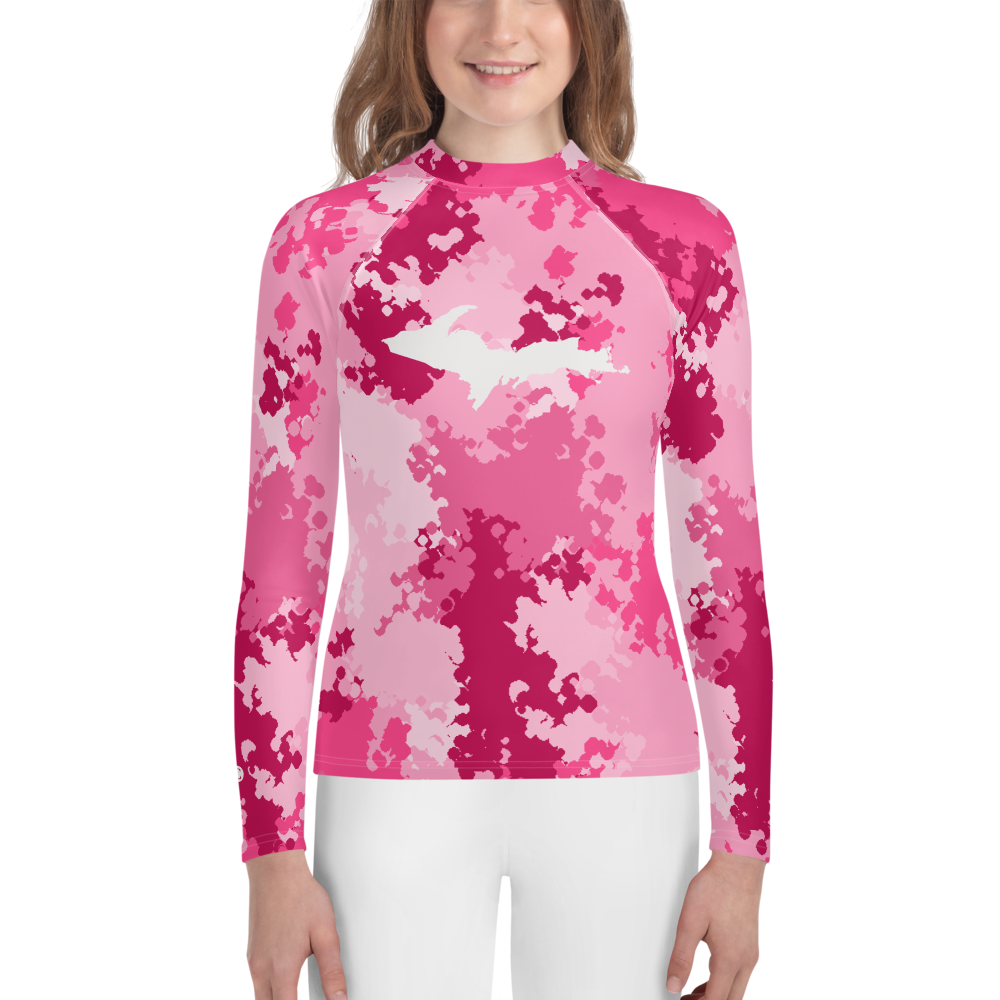 Michigan Upper Peninsula Rash Guard (w/ UP Outline) | Youth - Pink Camo