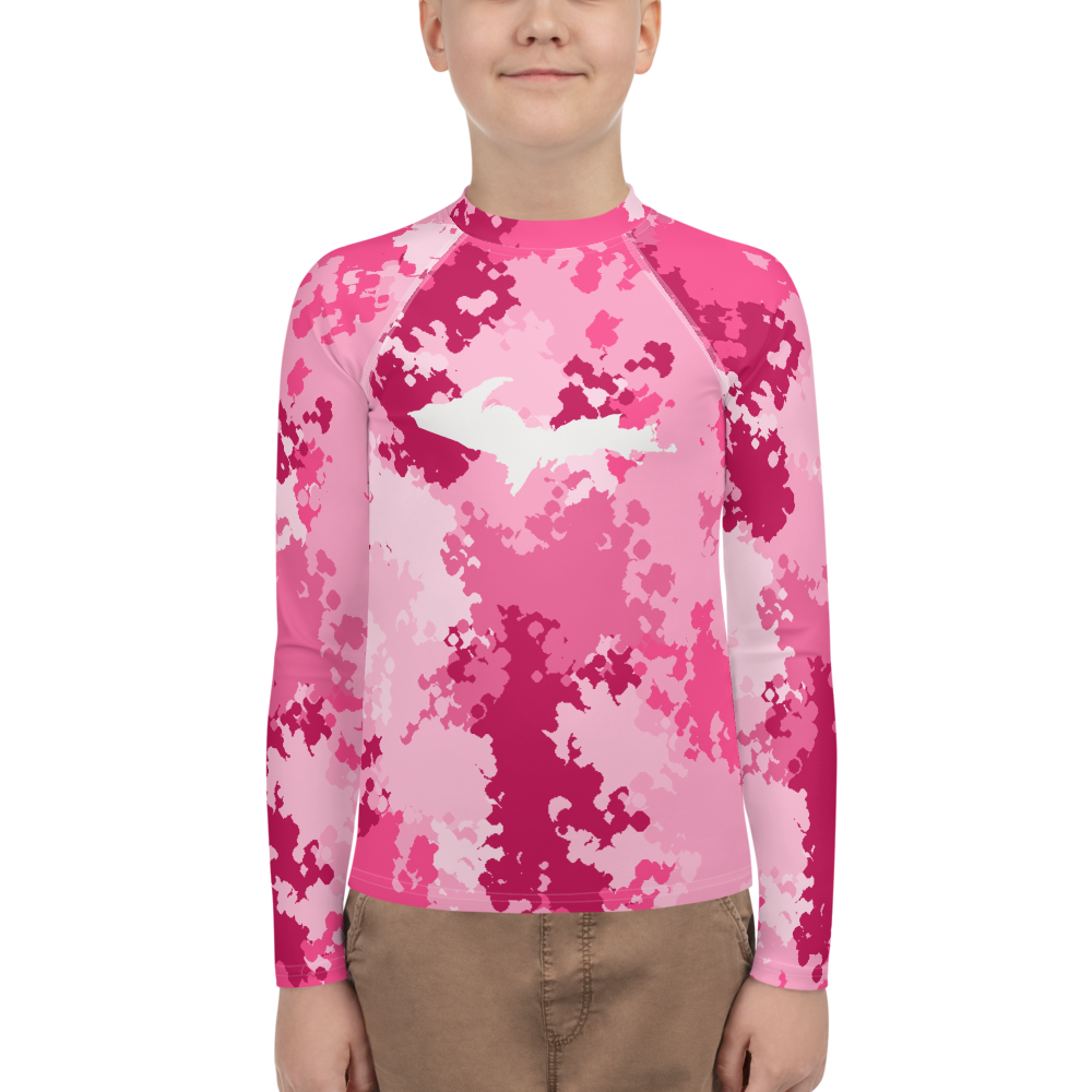 Michigan Upper Peninsula Rash Guard (w/ UP Outline) | Youth - Pink Camo