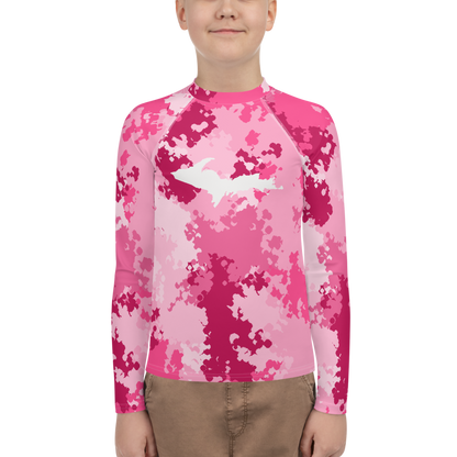 Michigan Upper Peninsula Rash Guard (w/ UP Outline) | Youth - Pink Camo