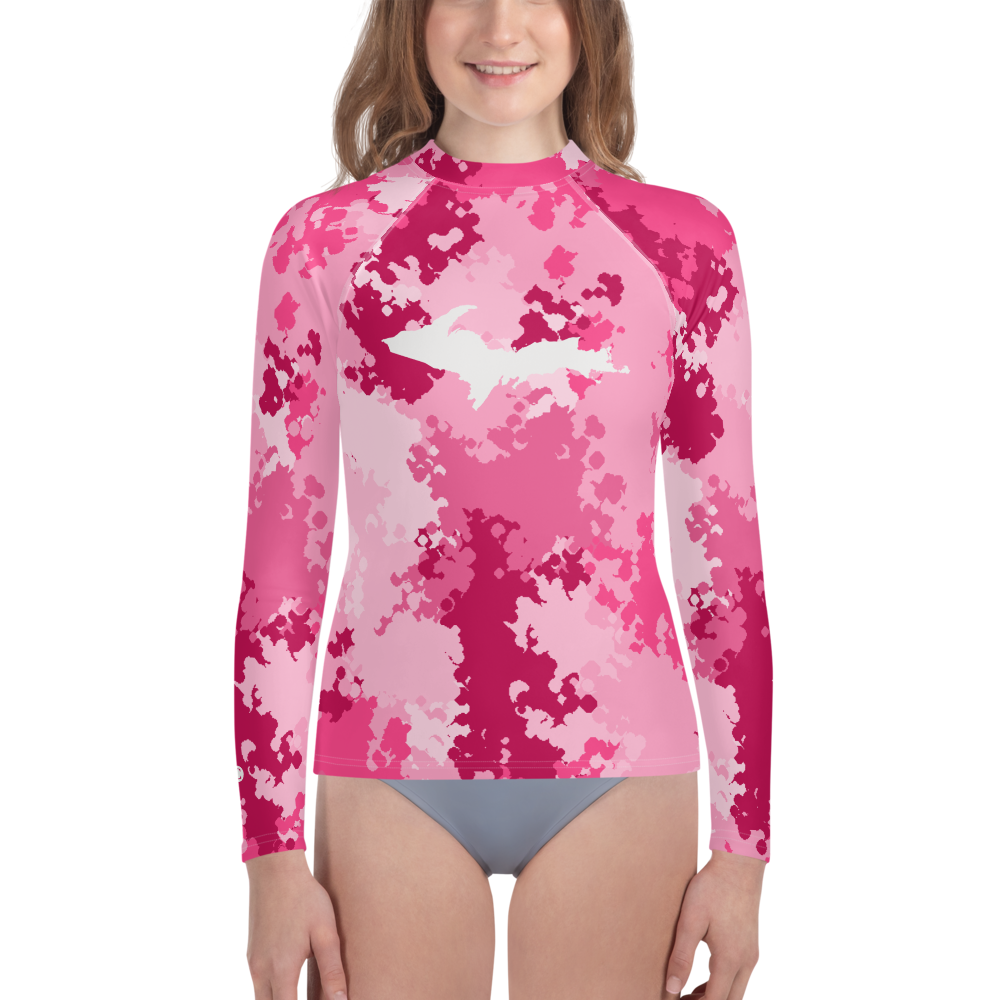 Michigan Upper Peninsula Rash Guard (w/ UP Outline) | Youth - Pink Camo