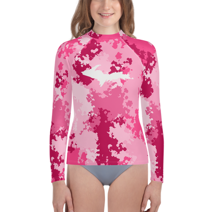 Michigan Upper Peninsula Rash Guard (w/ UP Outline) | Youth - Pink Camo