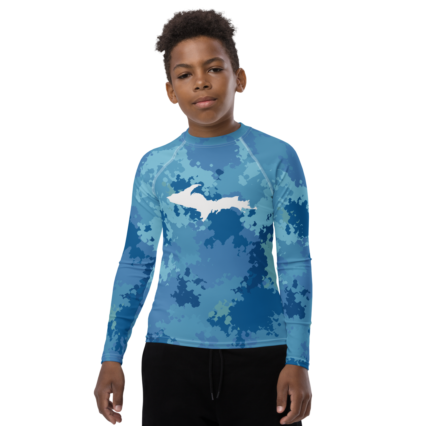 Michigan Upper Peninsula Rash Guard (w/ UP Outline) | Youth - Great Lakes Camo