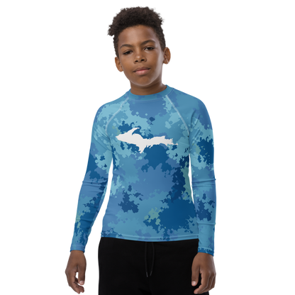 Michigan Upper Peninsula Rash Guard (w/ UP Outline) | Youth - Great Lakes Camo