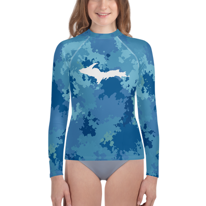 Michigan Upper Peninsula Rash Guard (w/ UP Outline) | Youth - Great Lakes Camo