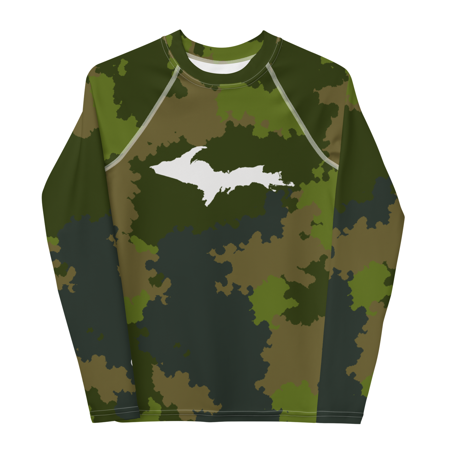 Michigan Upper Peninsula Rash Guard (w/ UP Outline) | Youth - Woodland Camo