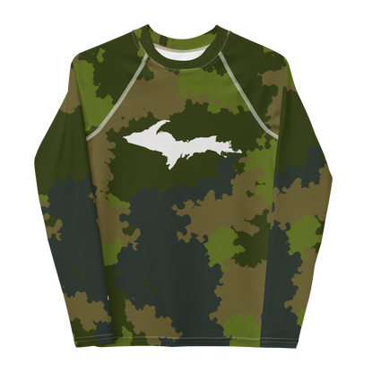 Michigan Upper Peninsula Rash Guard (w/ UP Outline) | Youth - Woodland Camo