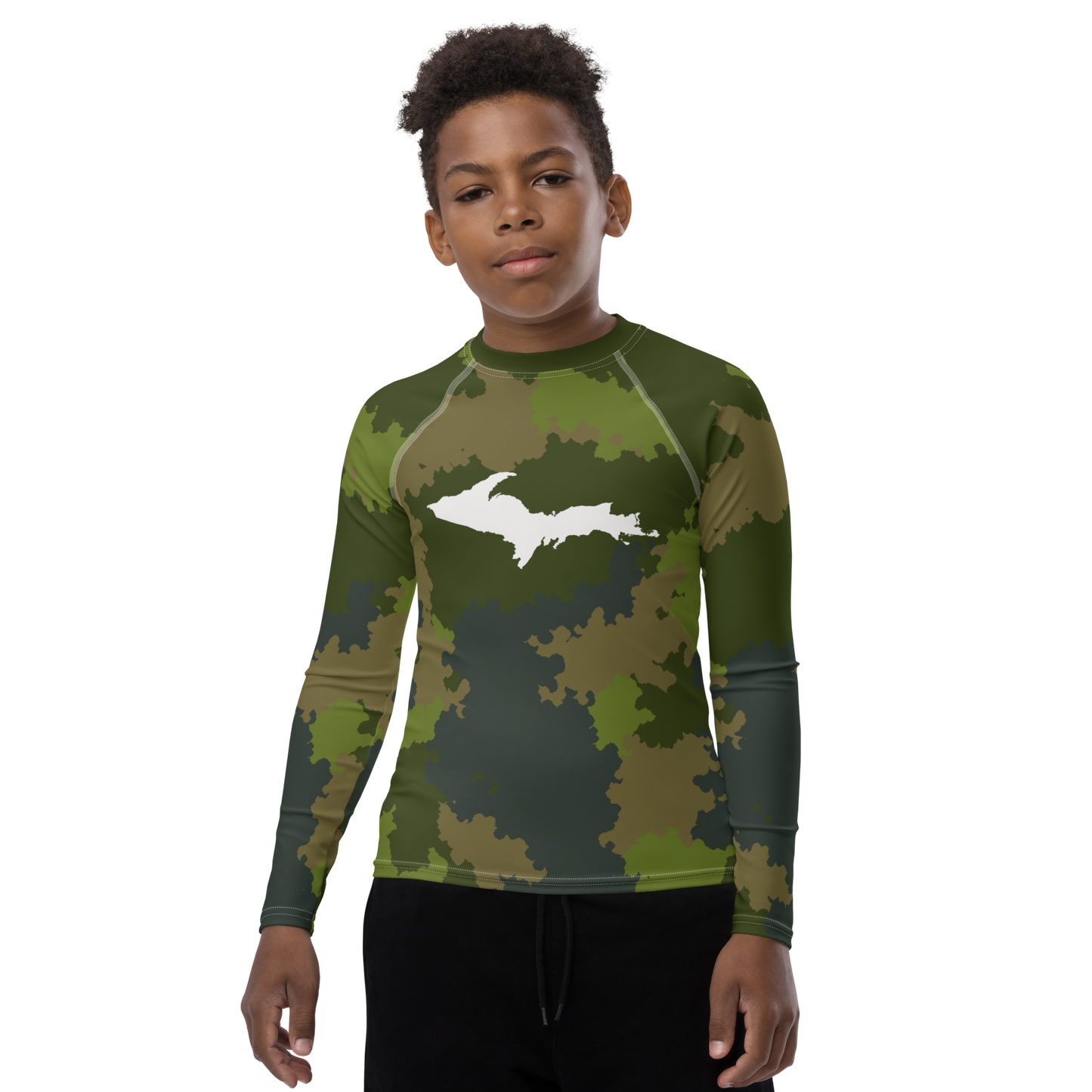 Michigan Upper Peninsula Rash Guard (w/ UP Outline) | Youth - Woodland Camo