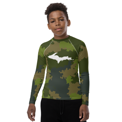 Michigan Upper Peninsula Rash Guard (w/ UP Outline) | Youth - Woodland Camo