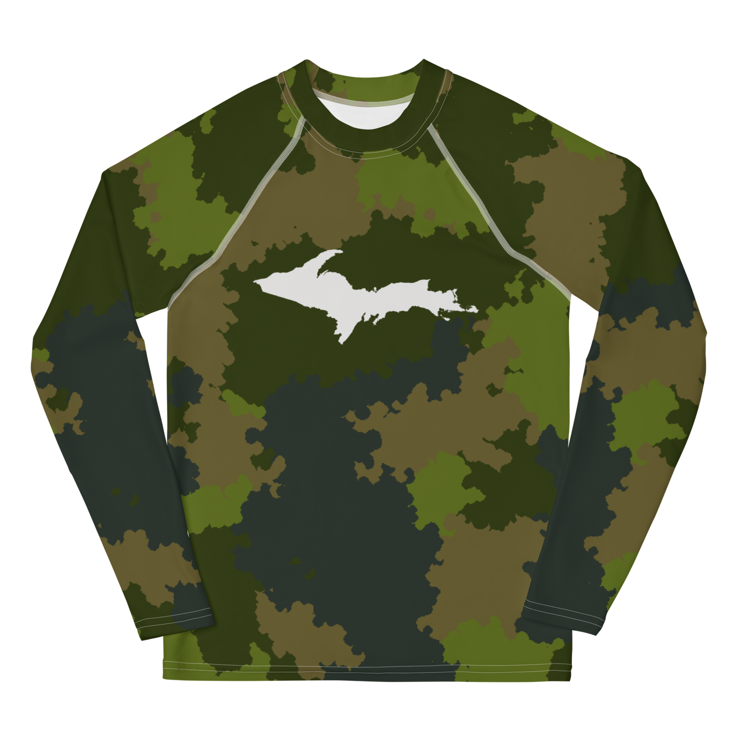 Michigan Upper Peninsula Rash Guard (w/ UP Outline) | Youth - Woodland Camo