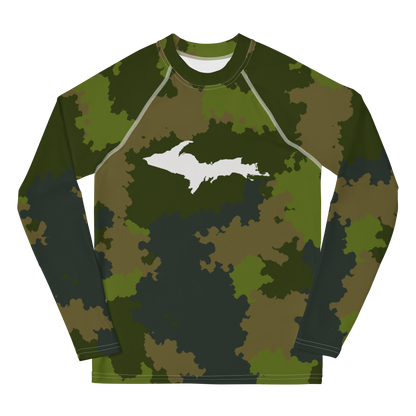 Michigan Upper Peninsula Rash Guard (w/ UP Outline) | Youth - Woodland Camo