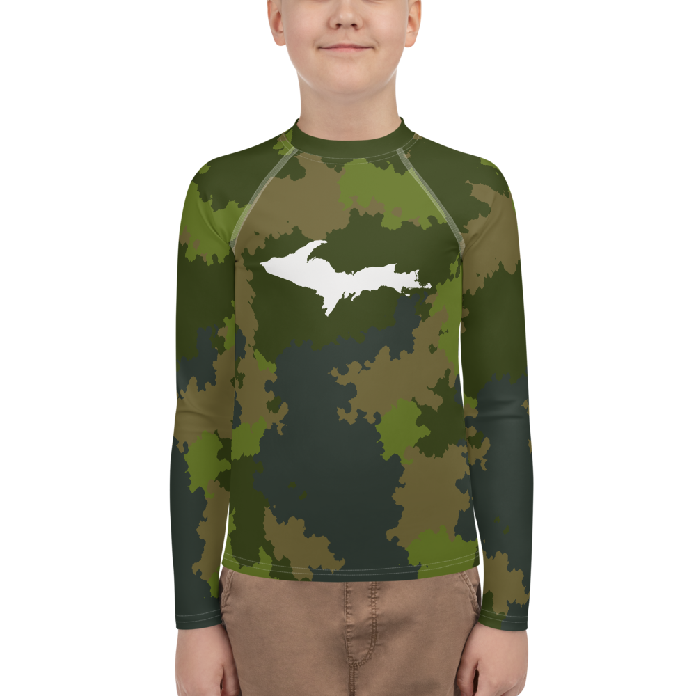 Michigan Upper Peninsula Rash Guard (w/ UP Outline) | Youth - Woodland Camo