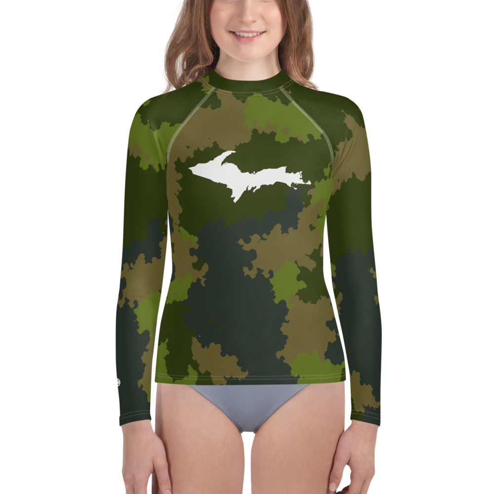 Michigan Upper Peninsula Rash Guard (w/ UP Outline) | Youth - Woodland Camo