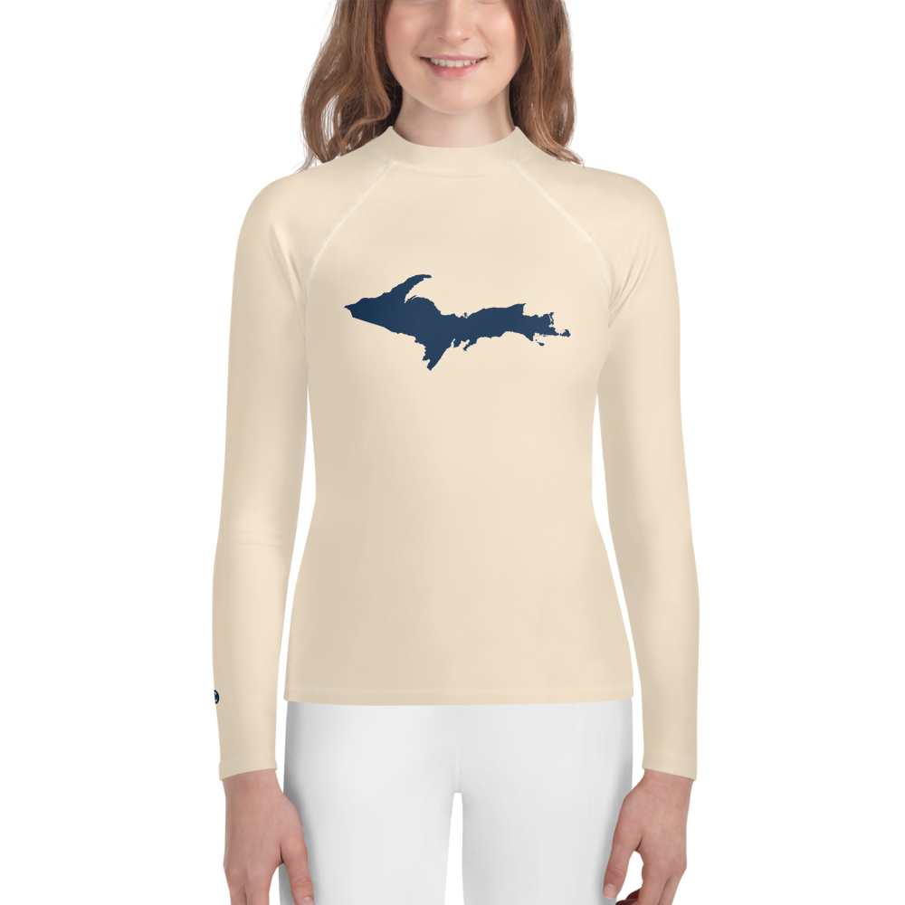 Michigan Upper Peninsula Rash Guard (w/ UP Outline) | Youth - Champagne White