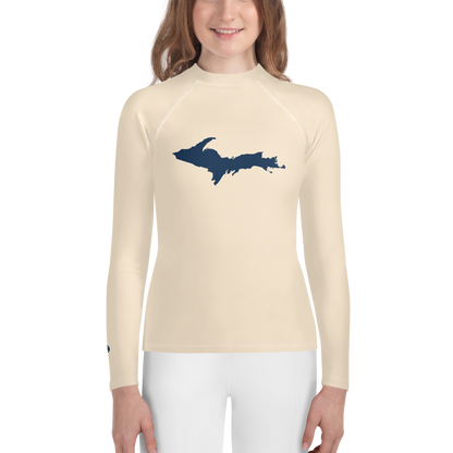 Michigan Upper Peninsula Rash Guard (w/ UP Outline) | Youth - Champagne White