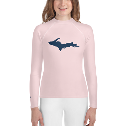 Michigan Upper Peninsula Rash Guard (w/ UP Outline) | Youth - Pale Pink