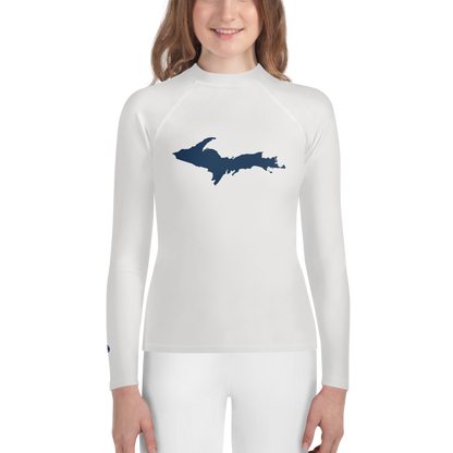 Michigan Upper Peninsula Rash Guard (w/ UP Outline) | Youth - Birch Bark White