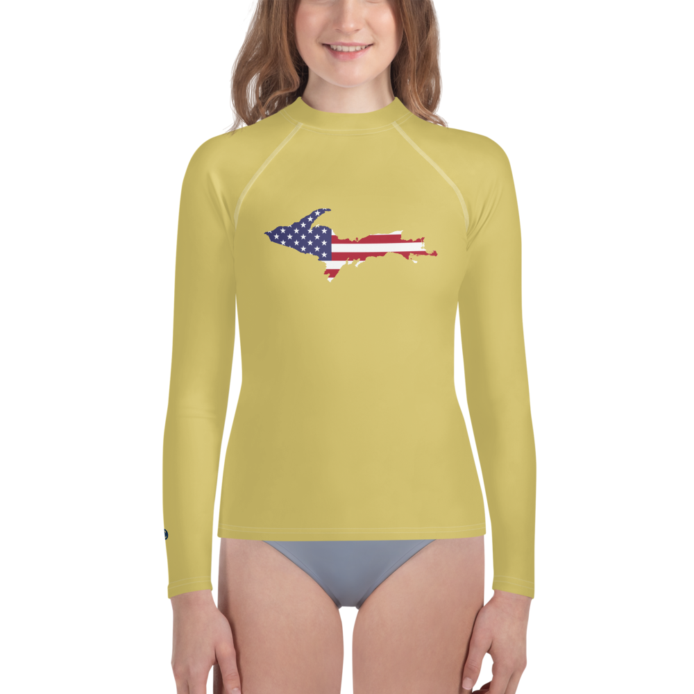 Michigan Upper Peninsula Rash Guard (w/ UP USA Flag) | Youth - Plum Yellow