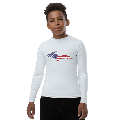 Michigan Upper Peninsula Rash Guard (w/ UP USA Flag) | Youth - Gossy White