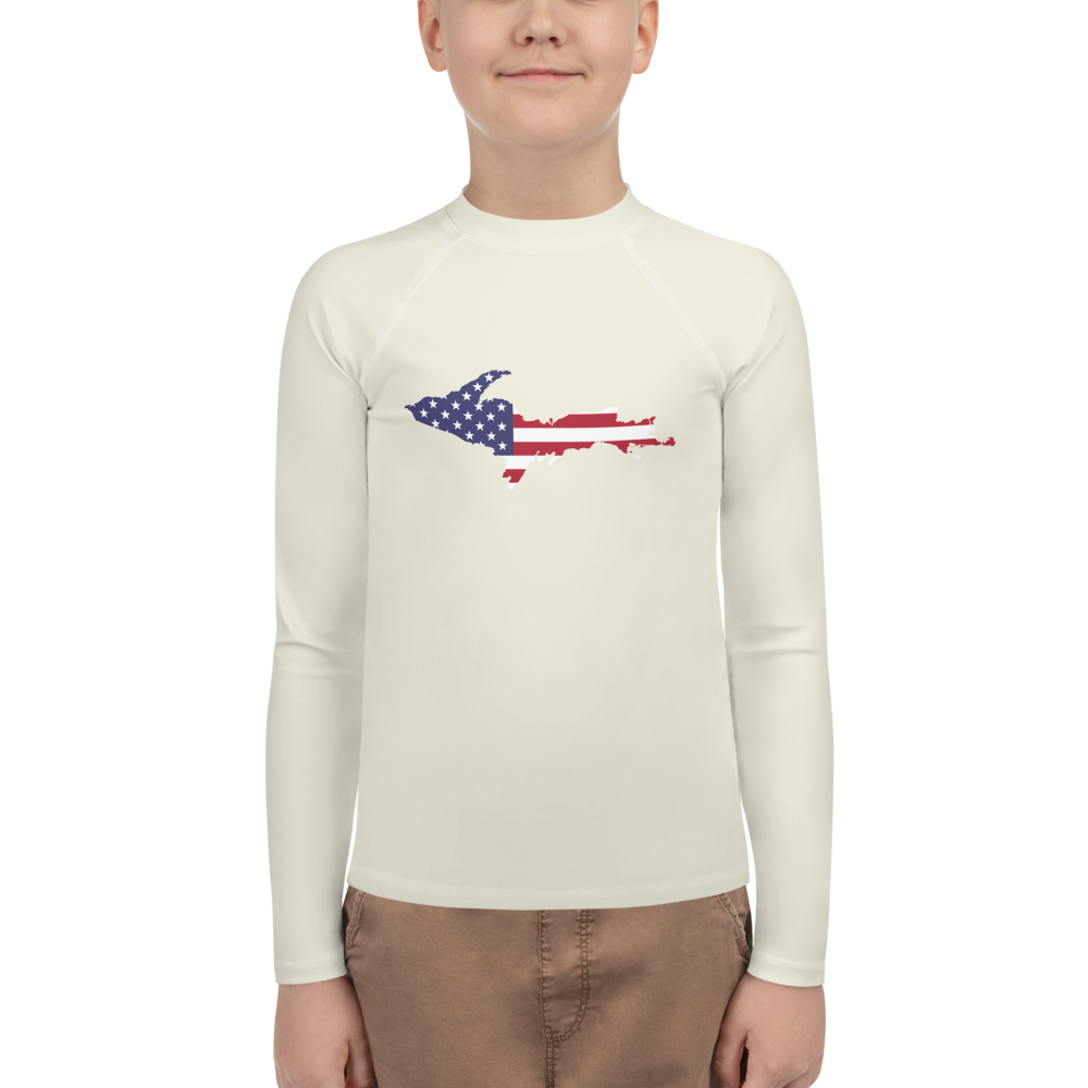 Michigan Upper Peninsula Rash Guard (w/ UP USA Flag) | Youth - Ivory White