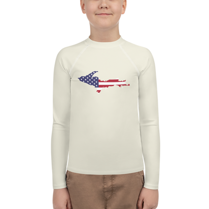 Michigan Upper Peninsula Rash Guard (w/ UP USA Flag) | Youth - Ivory White