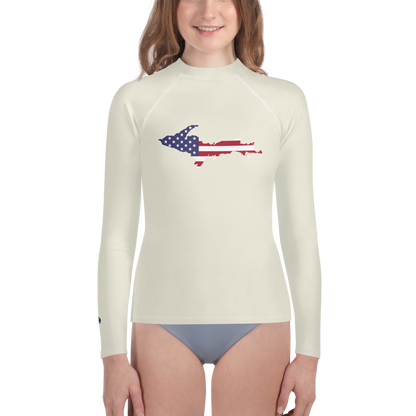 Michigan Upper Peninsula Rash Guard (w/ UP USA Flag) | Youth - Ivory White