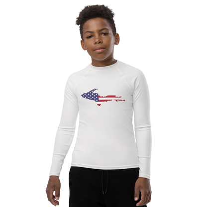 Michigan Upper Peninsula Rash Guard (w/ UP USA Flag) | Youth - Birch Bark White