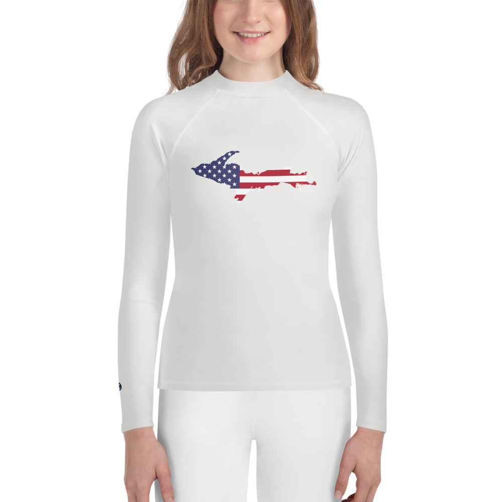 Michigan Upper Peninsula Rash Guard (w/ UP USA Flag) | Youth - Birch Bark White