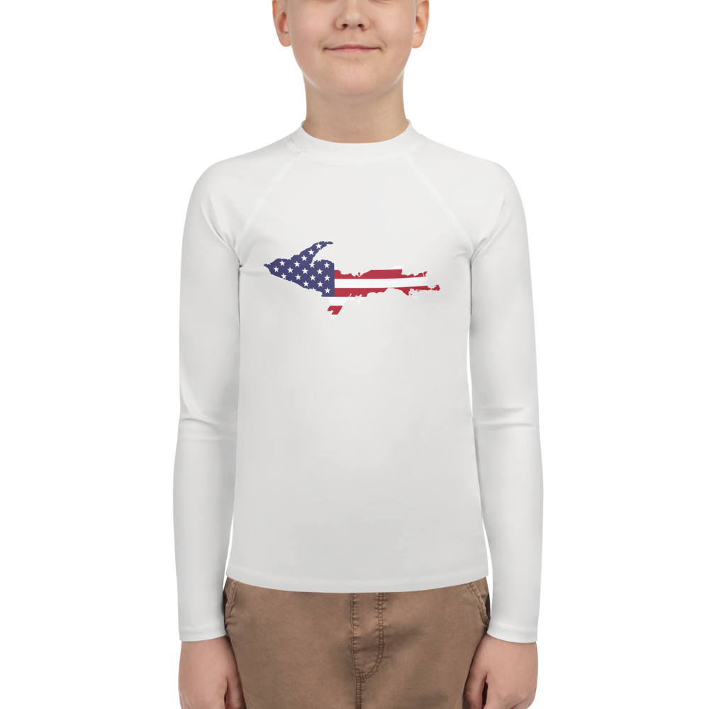 Michigan Upper Peninsula Rash Guard (w/ UP USA Flag) | Youth - Birch Bark White