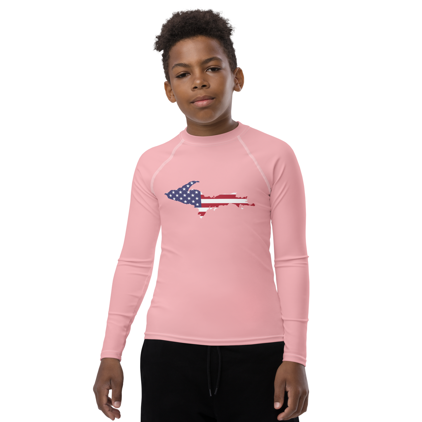 Michigan Upper Peninsula Rash Guard (w/ UP USA Flag) | Youth - Strawberry Pink