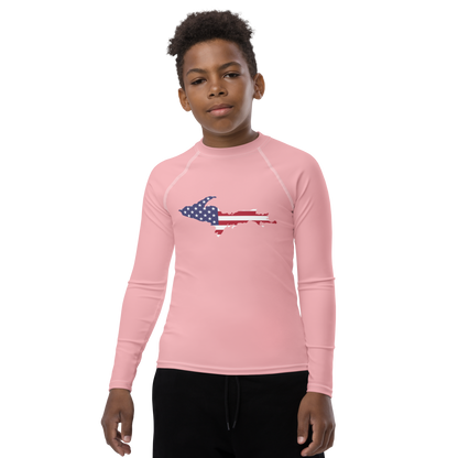 Michigan Upper Peninsula Rash Guard (w/ UP USA Flag) | Youth - Strawberry Pink