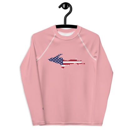 Michigan Upper Peninsula Rash Guard (w/ UP USA Flag) | Youth - Strawberry Pink