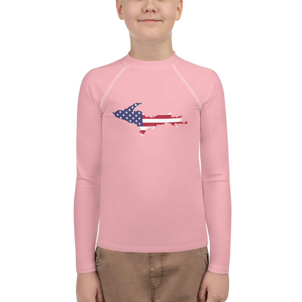 Michigan Upper Peninsula Rash Guard (w/ UP USA Flag) | Youth - Strawberry Pink