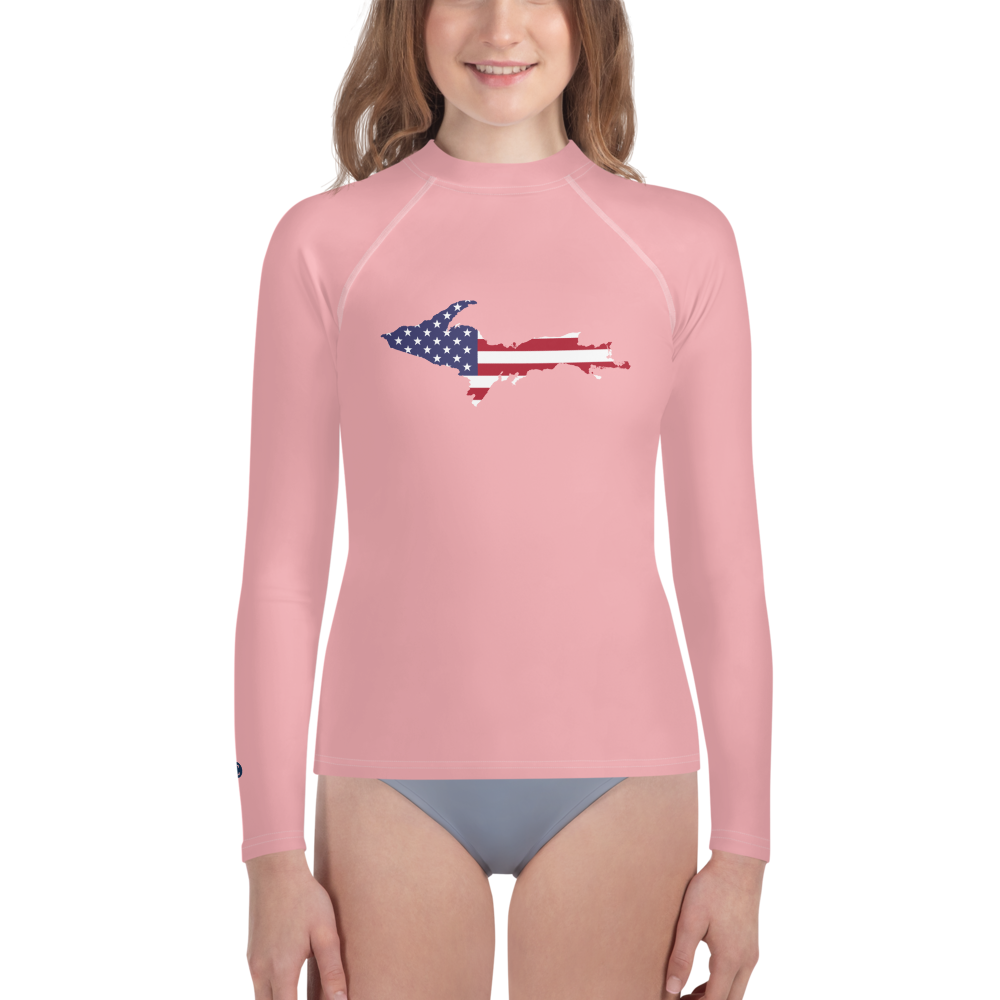 Michigan Upper Peninsula Rash Guard (w/ UP USA Flag) | Youth - Strawberry Pink