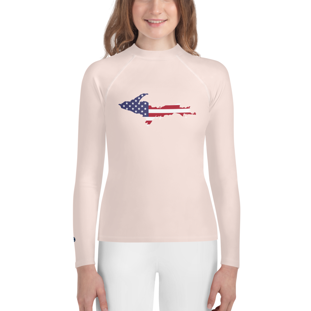 Michigan Upper Peninsula Rash Guard (w/ UP USA Flag) | Youth - Champagne Pink