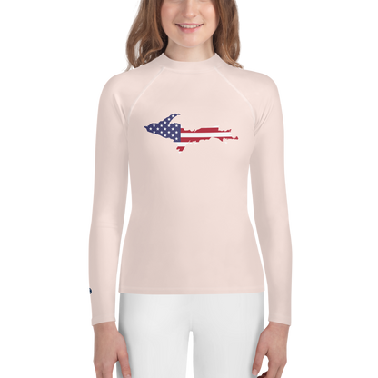 Michigan Upper Peninsula Rash Guard (w/ UP USA Flag) | Youth - Champagne Pink