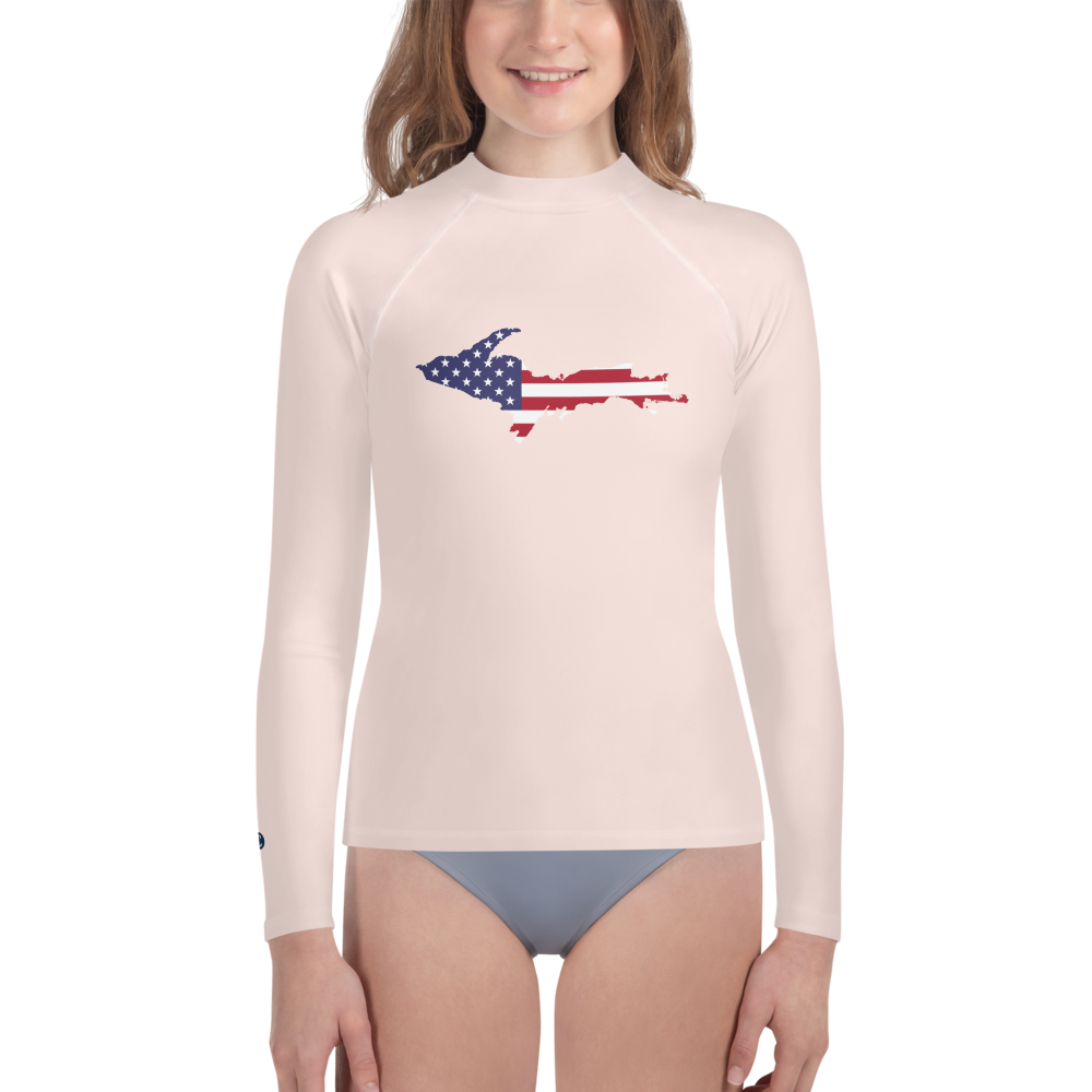 Michigan Upper Peninsula Rash Guard (w/ UP USA Flag) | Youth - Champagne Pink