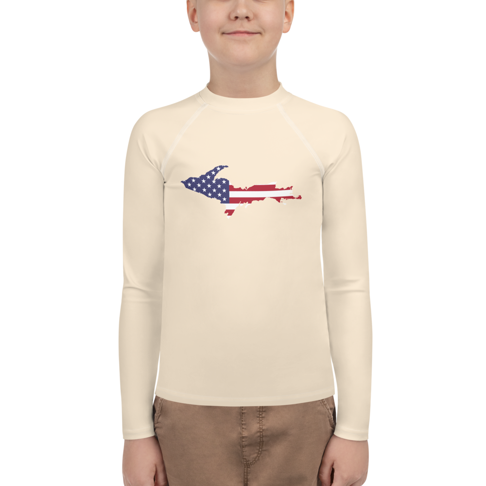 Michigan Upper Peninsula Rash Guard (w/ UP USA Flag) | Youth - Champagne White