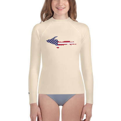 Michigan Upper Peninsula Rash Guard (w/ UP USA Flag) | Youth - Champagne White