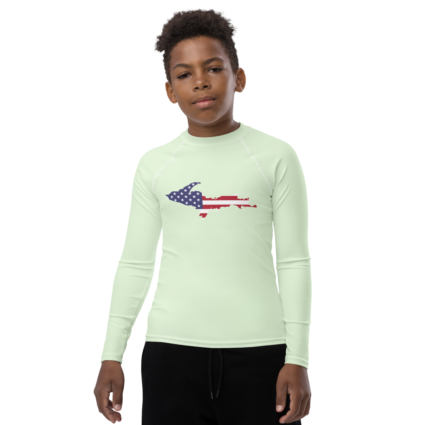 Michigan Upper Peninsula Rash Guard (w/ UP USA Flag) | Youth - Dew Green