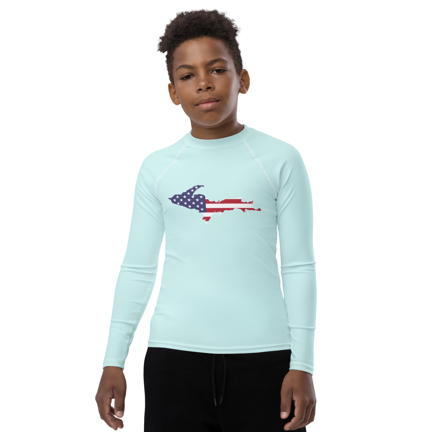 Michigan Upper Peninsula Rash Guard (w/ UP USA Flag) | Youth - Cyan