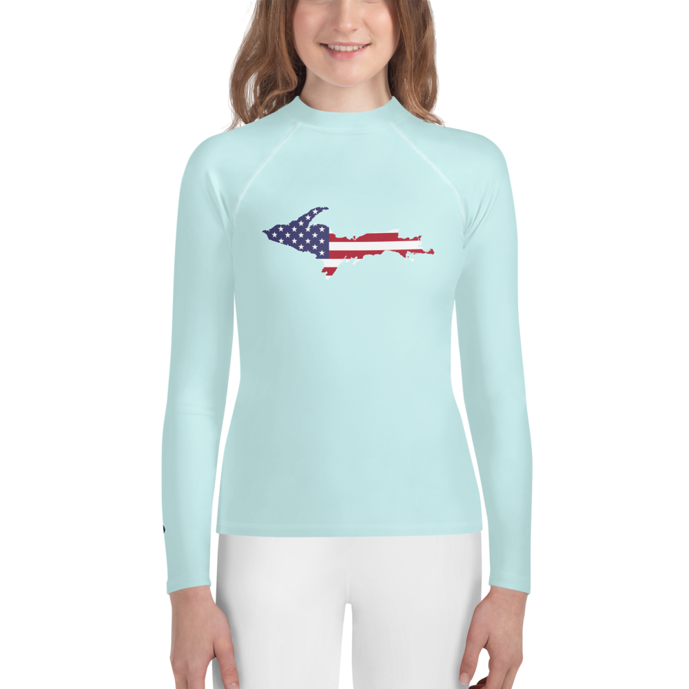 Michigan Upper Peninsula Rash Guard (w/ UP USA Flag) | Youth - Cyan