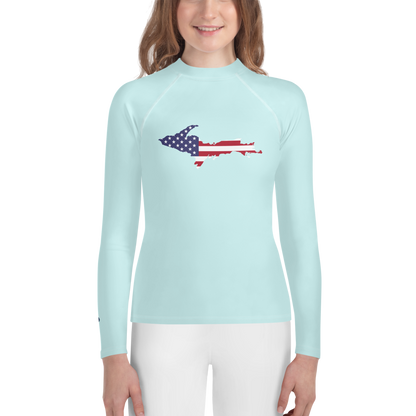 Michigan Upper Peninsula Rash Guard (w/ UP USA Flag) | Youth - Cyan