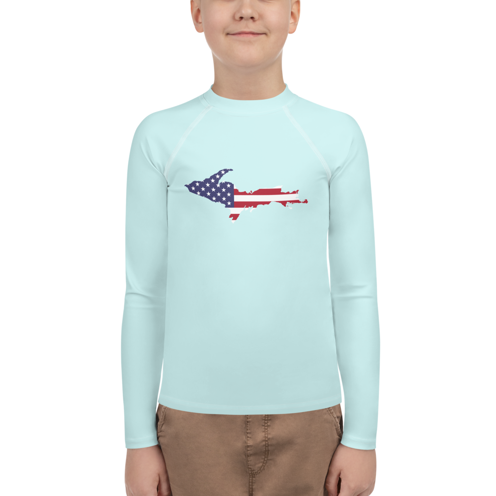 Michigan Upper Peninsula Rash Guard (w/ UP USA Flag) | Youth - Cyan