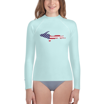 Michigan Upper Peninsula Rash Guard (w/ UP USA Flag) | Youth - Cyan