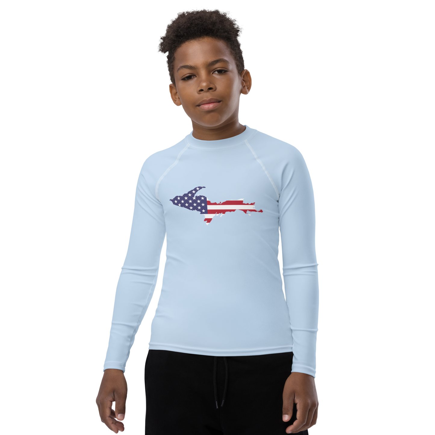 Michigan Upper Peninsula Rash Guard (w/ UP USA Flag) | Youth - Light Blue