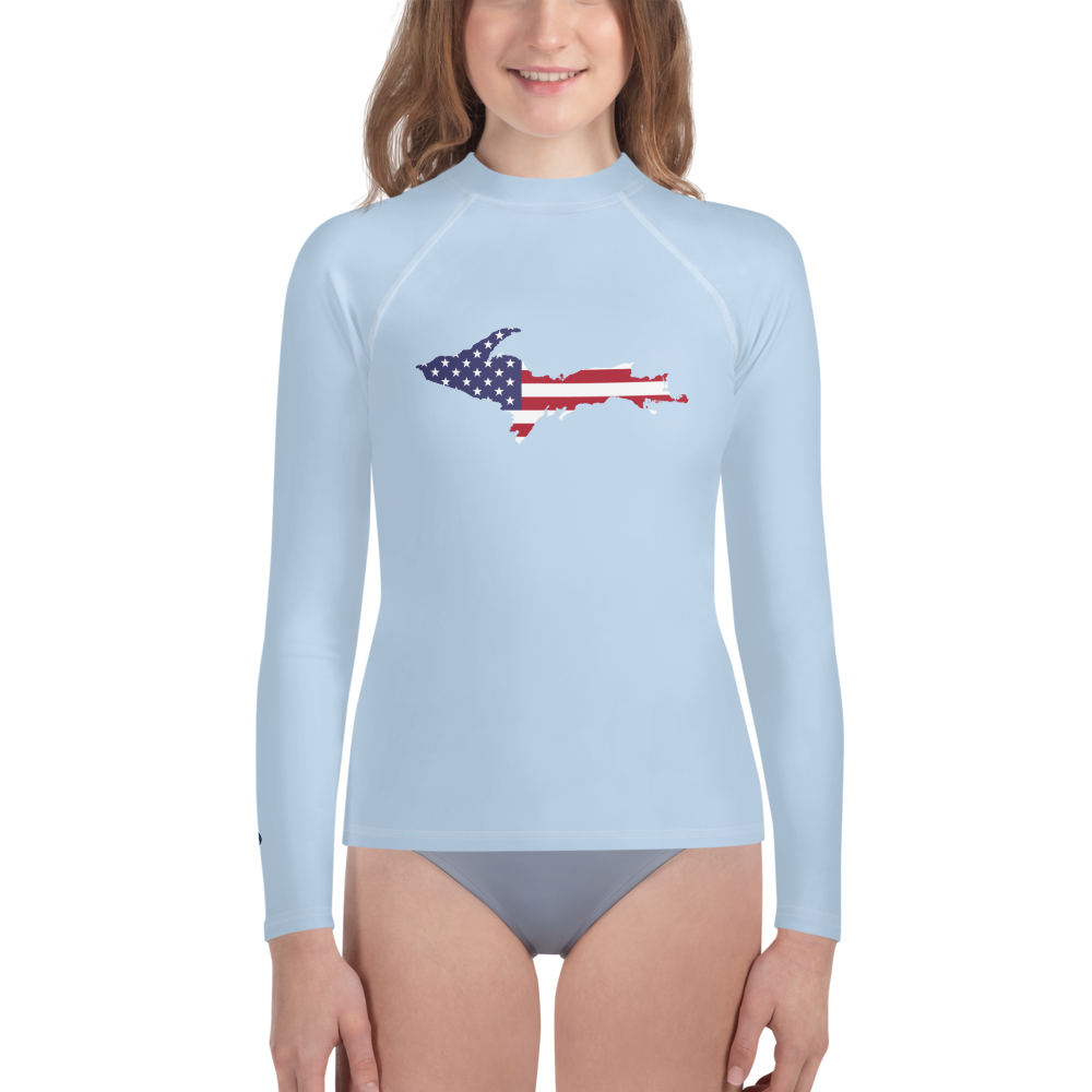 Michigan Upper Peninsula Rash Guard (w/ UP USA Flag) | Youth - Light Blue